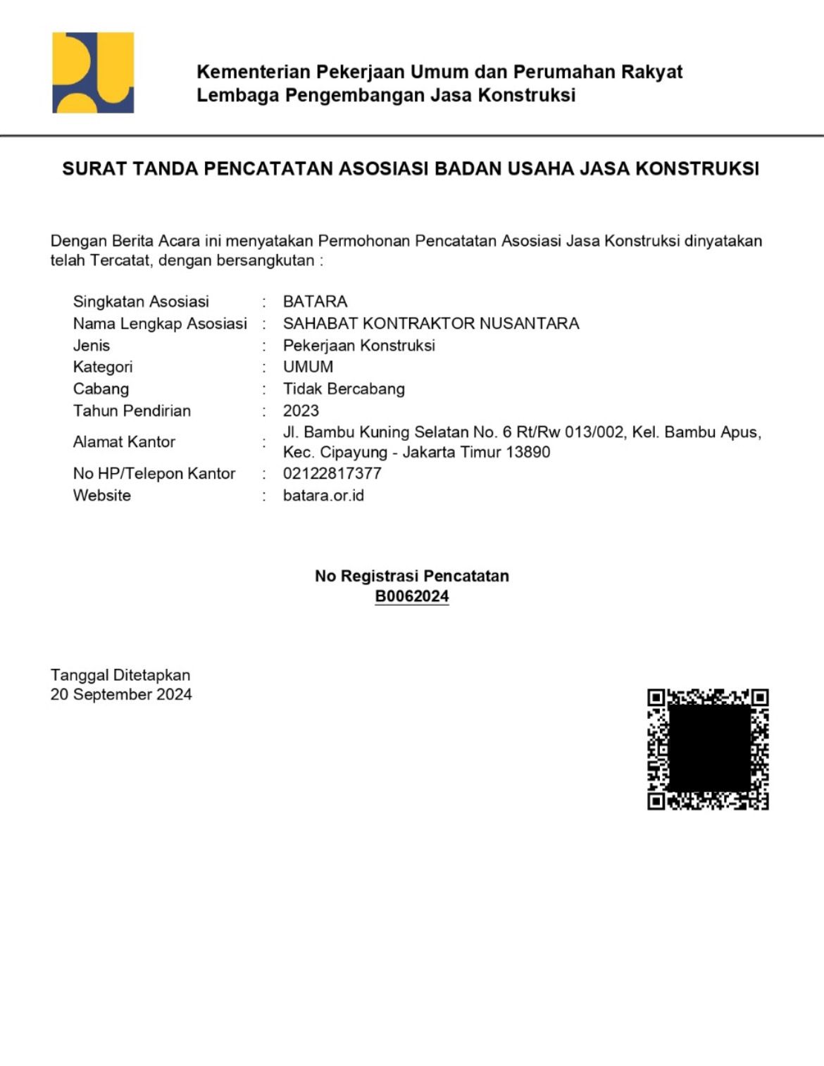 Asosiasi Badan Usaha BATARA Telah Resmi Tercatat Oleh LPJK